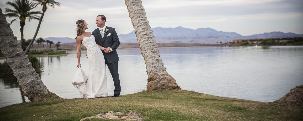 Bride and groom looking at each other at Reflection Bay Golf Club - Lake Las Vegas