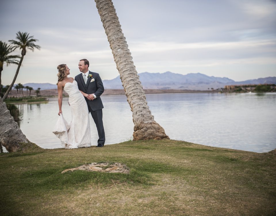 Bride and groom looking at each other at Reflection Bay Golf Club - Lake Las Vegas