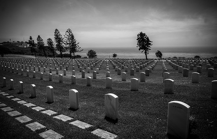 Black and white image of military graveyard in San Diego, CA