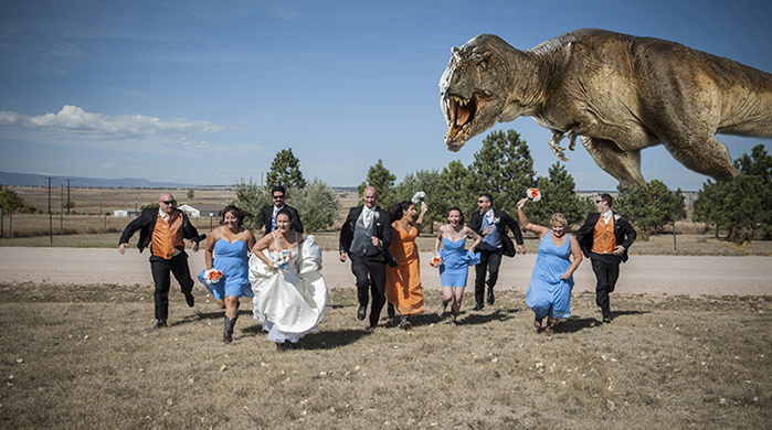 Lunch Wedding party running from a T-rex in Colorado